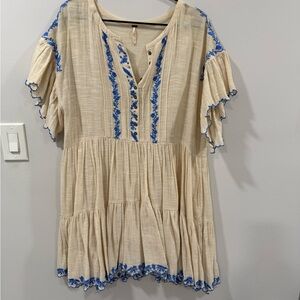 Free People Beige and Blue Embroidered Mini Dress